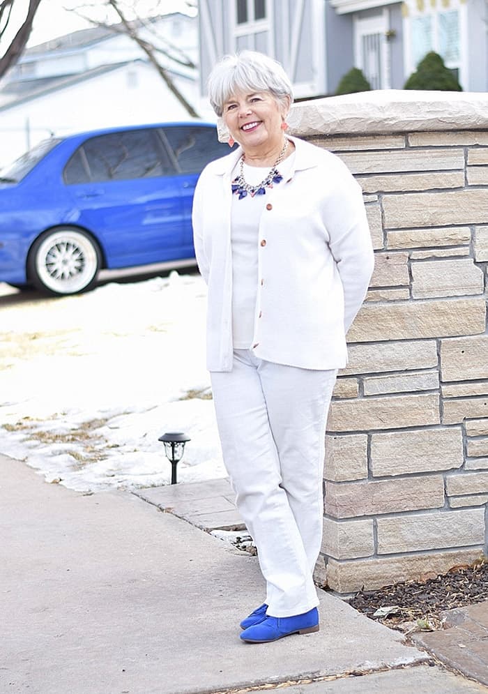 senior woman wearing white