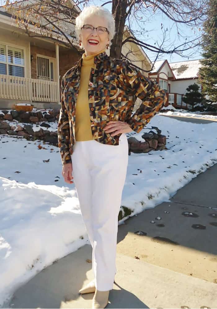 senior woman wearing white