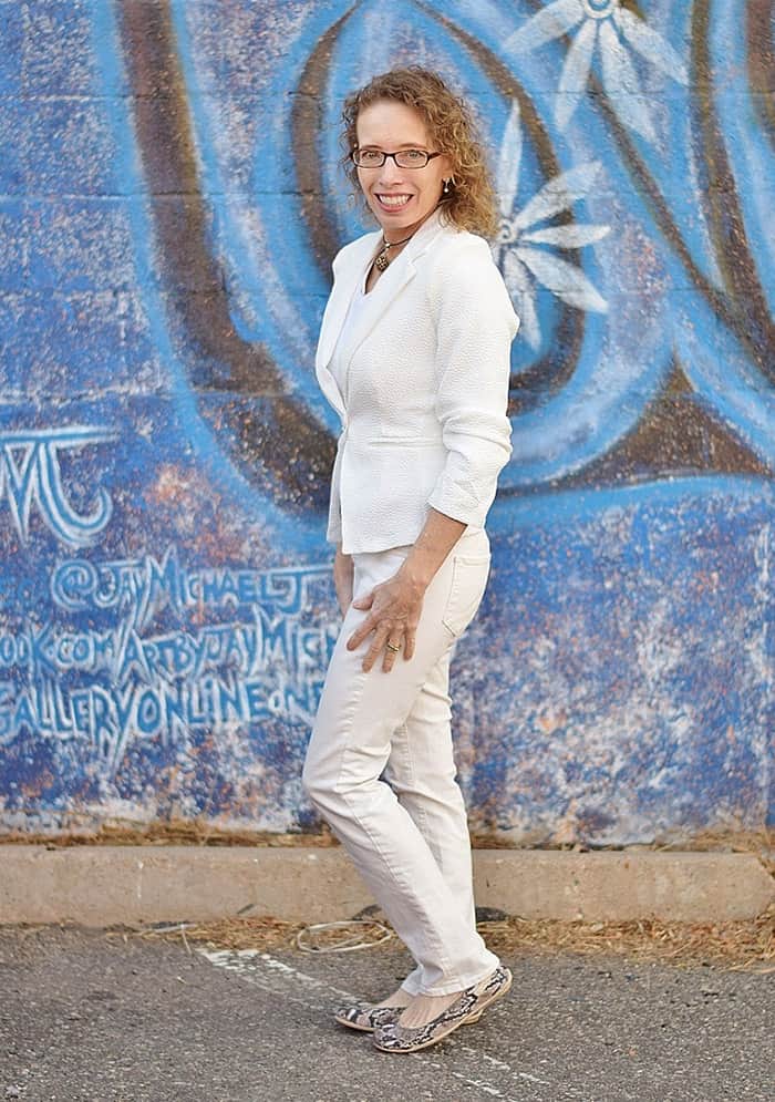 senior woman wearing white